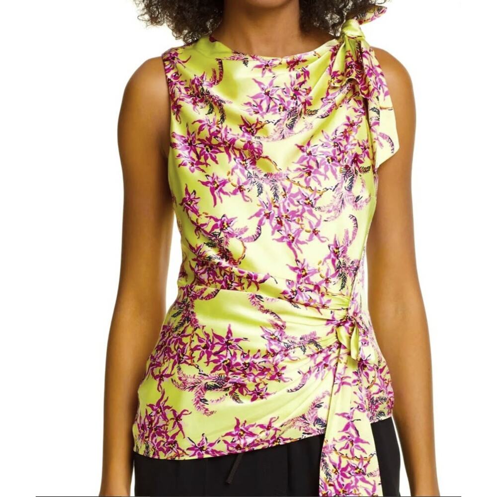 Cinq a Sept Orchid Nanon Top Large Lemon Grass 100% Silk Floral Colorful NEW